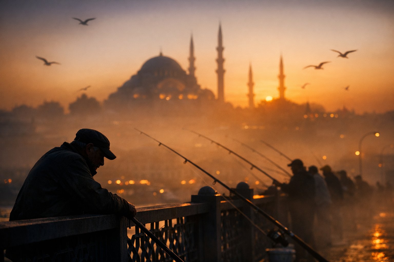 Photography: A cinematic silhouette shot of local fishermen lining the Galata Bridge in Ist...