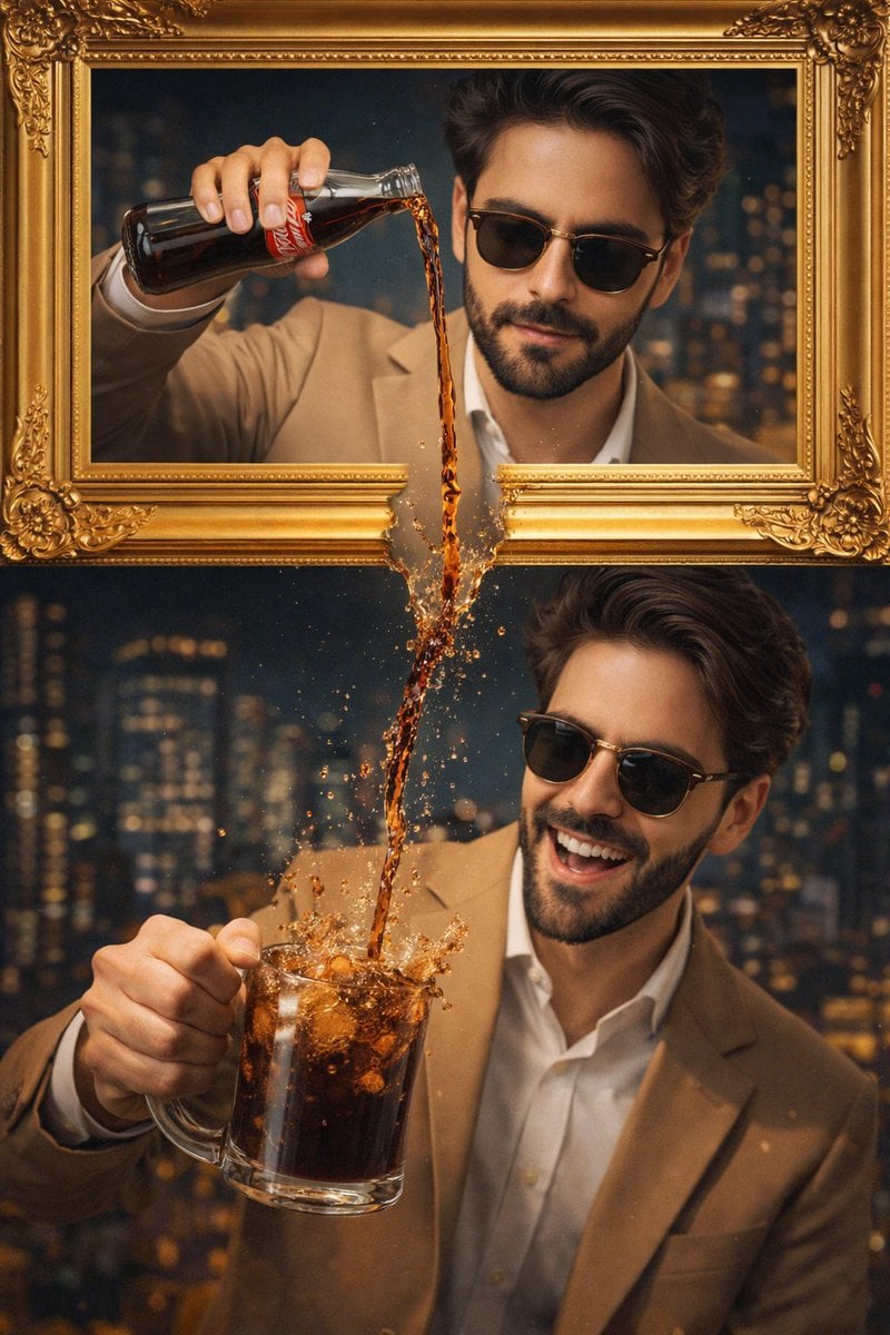Photography: A stylish man wearing a tan suit and sunglasses is featured in a creative spli...