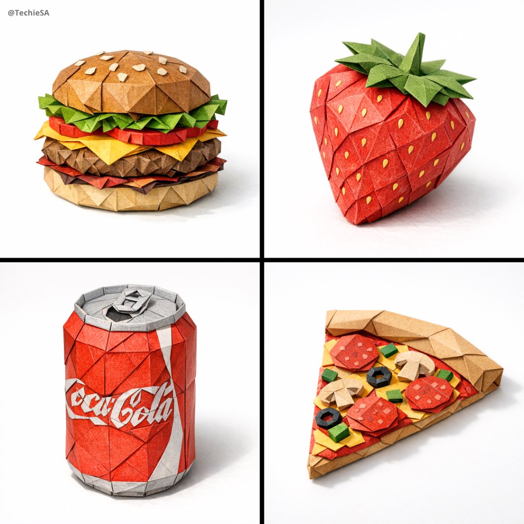 Illustration & 3D: A hyper-detailed origami [FOOD ITEM] folded from realistic colored paper with ...