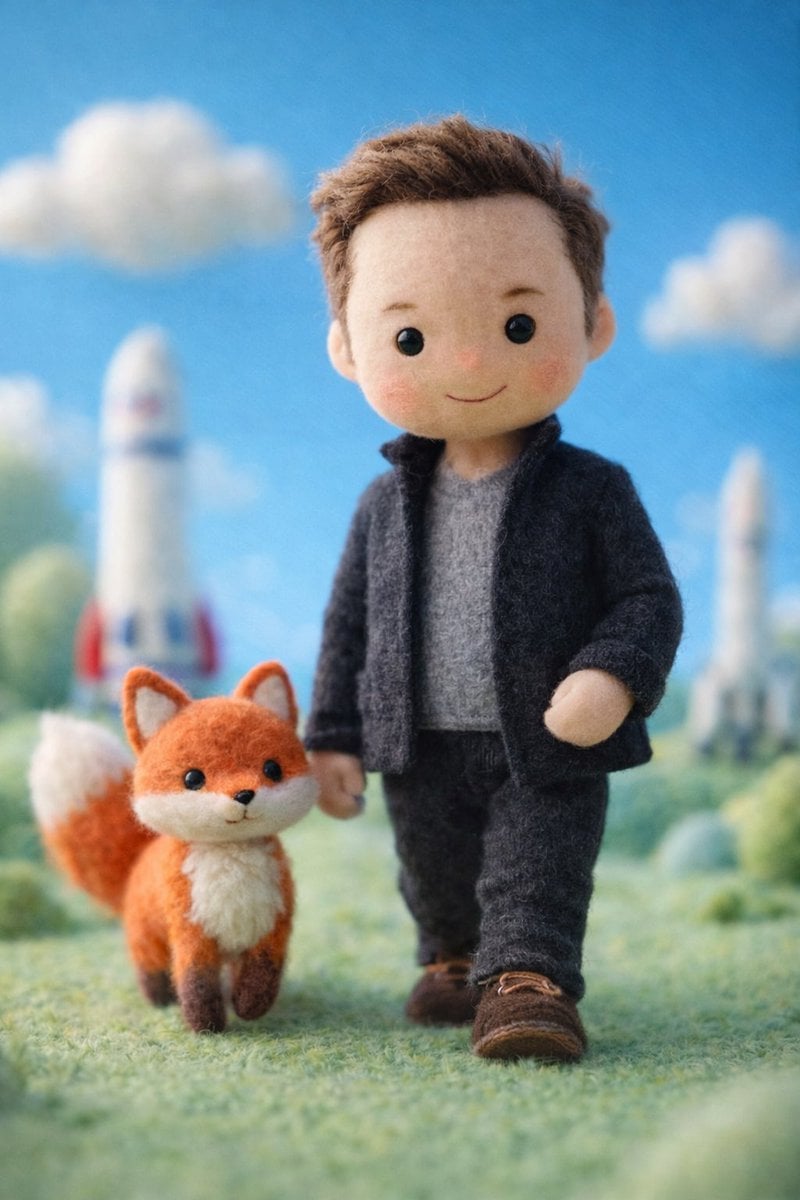 Illustration & 3D: A handcrafted felt miniature illustration of [Celebrity] reimagined as a soft ...
