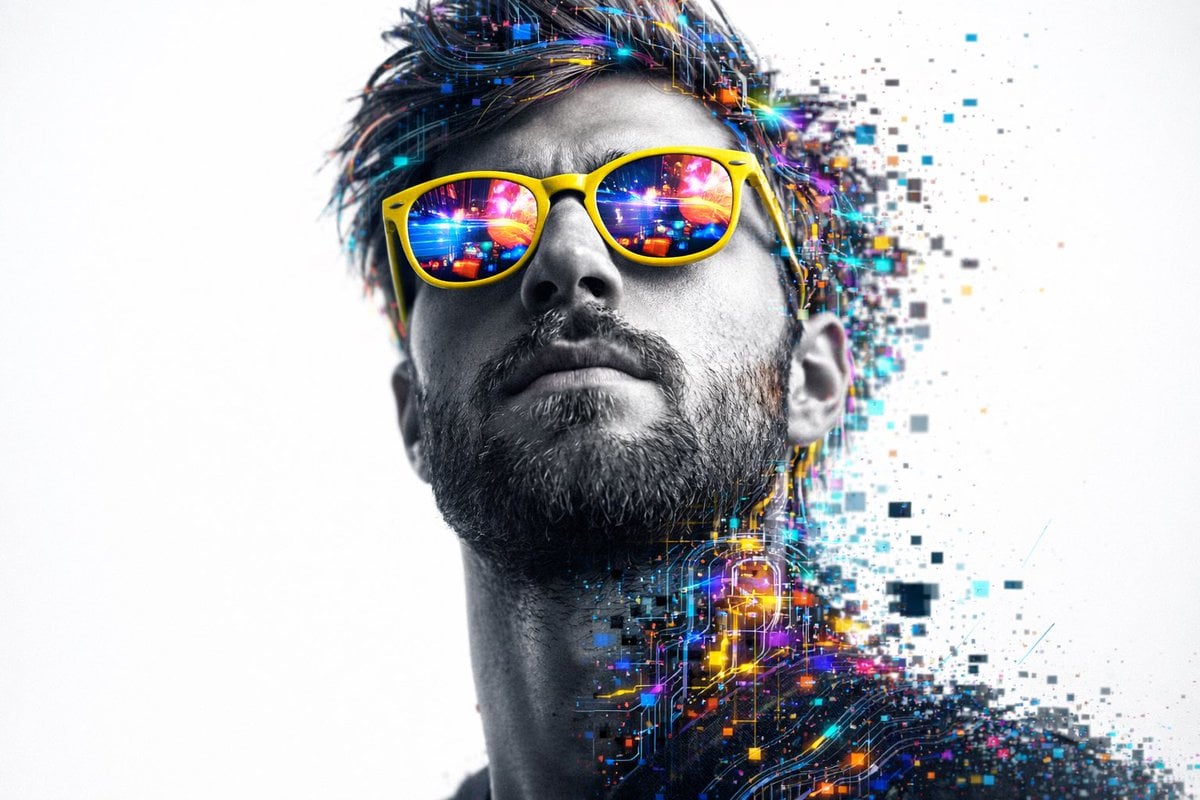 UI & Graphic: A hyper-realistic 8K close-up portrait of a person's head and upper neck, shot...