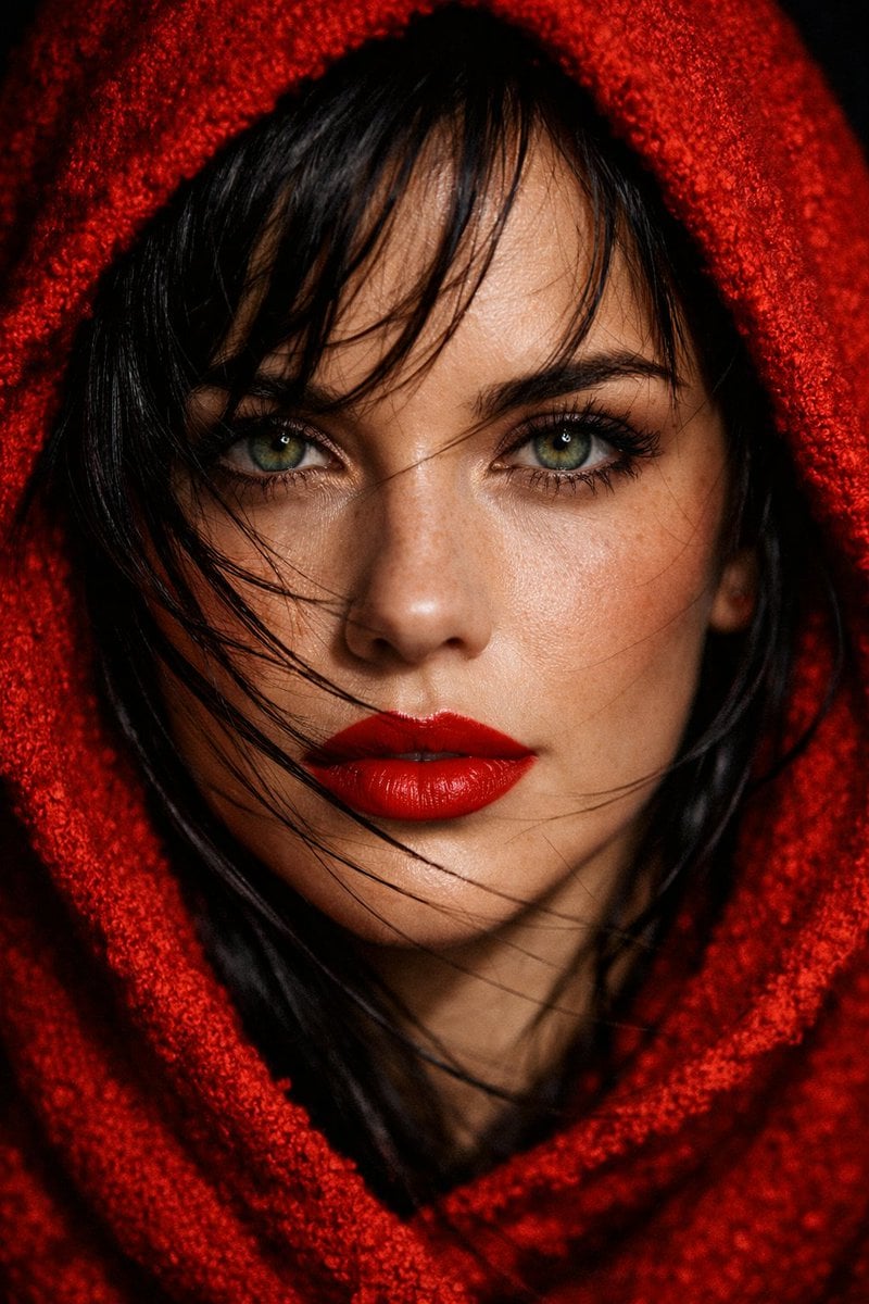 Photography: Extreme close-up portrait of a woman with piercing green eyes and bold, matte ...