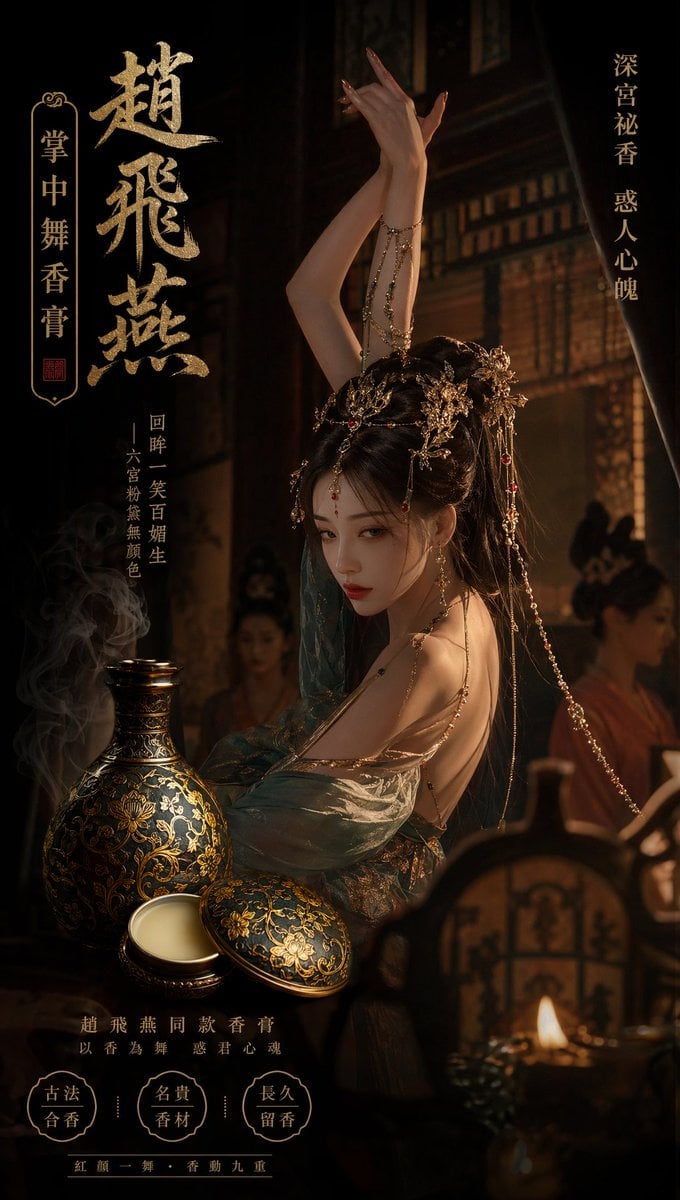 Poster Design: 赵飞燕同款掌中舞香膏广告，错金缠枝莲铜瓶，冷艳诡谲深宫氛围感，竖屏9:16