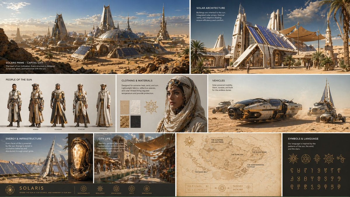 Poster Design: Create a complete visual worldbuilding set for a futuristic desert civilizatio...