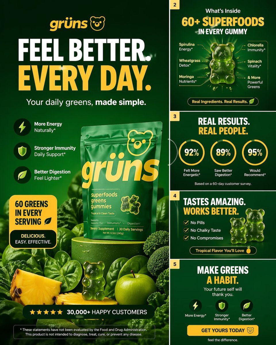 Product & Brand: Create a high-converting carousel image for Grüns (greens gummies). Bold hook,...