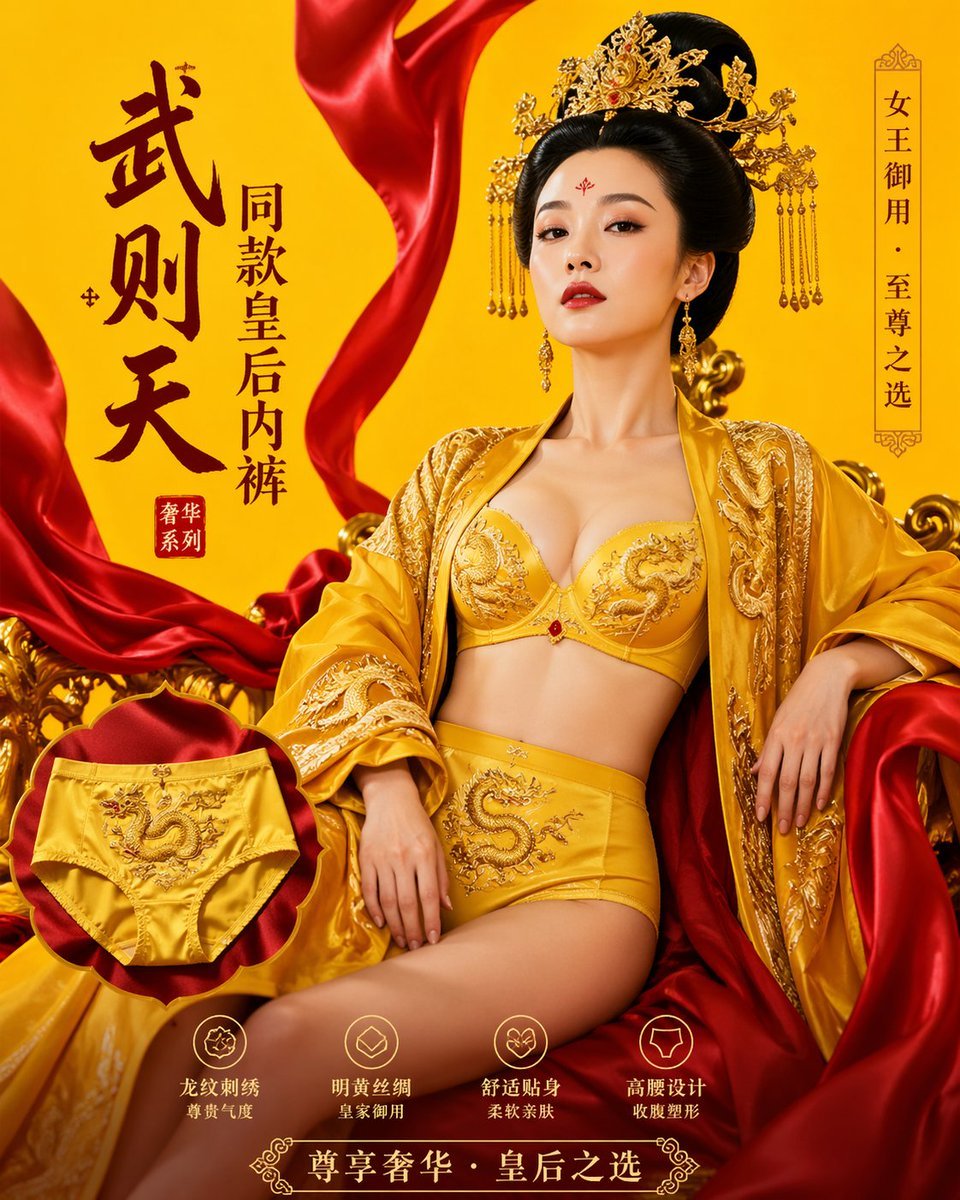 Poster Design: 武则天同款皇后内衣广告大片，明黄底色龙纹刺绣，大红丝绸飘带衬托
