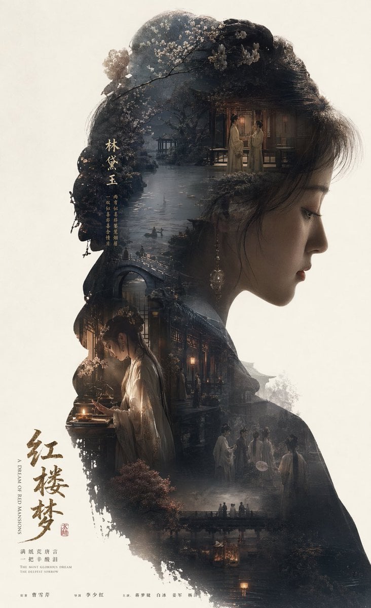 Poster Design: 根据[红楼梦]自动生成一张 收藏版史诗叙事海报， 巨大优雅的{林黛玉}人物侧脸剪影作为外轮廓，剪影内部自动生长出最契合该主题的完整世界观、标志性场景、角色关...