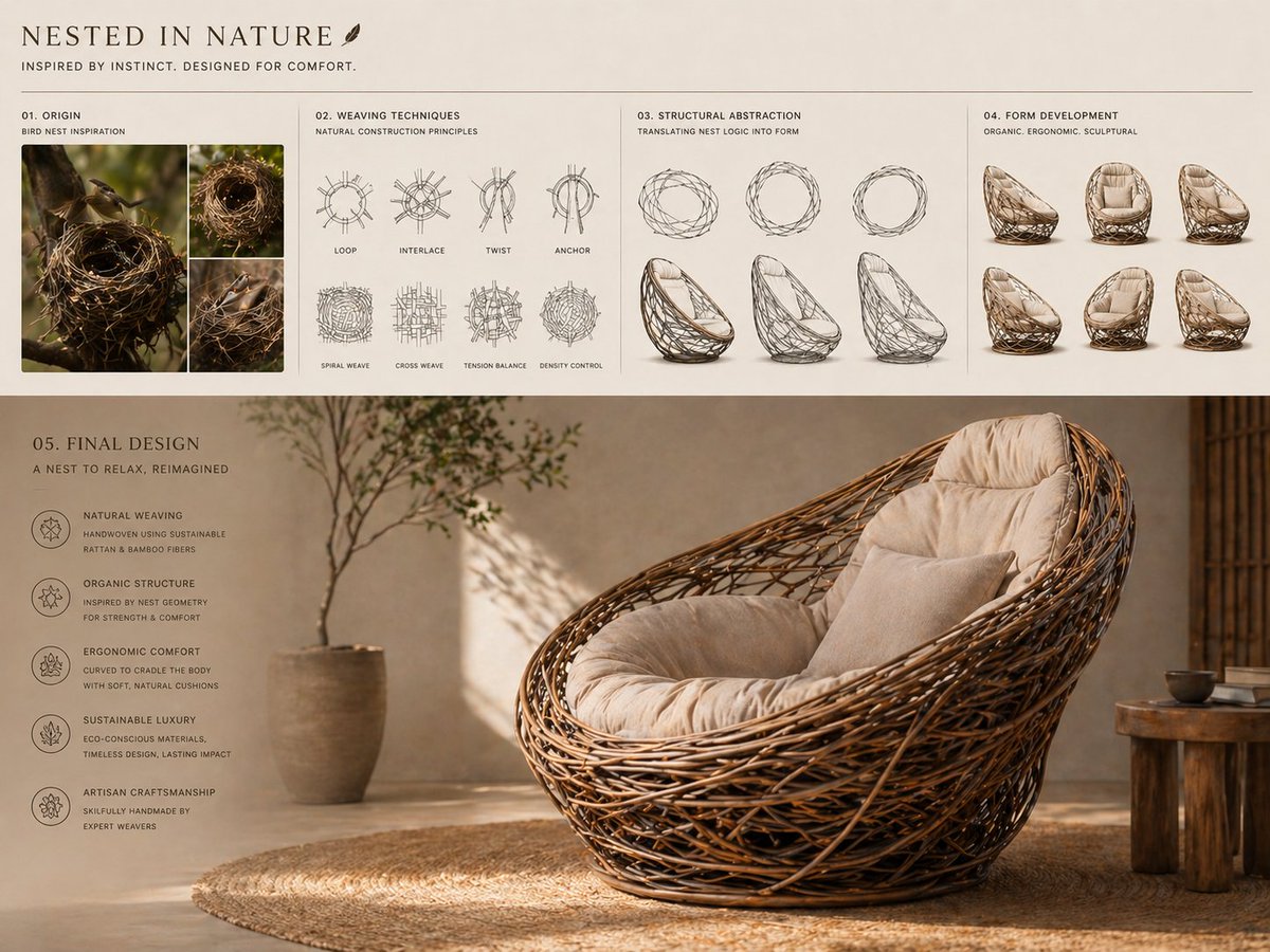 Product & Brand: Conceptual transformation, bird nest construction techniques shaping a sculptu...