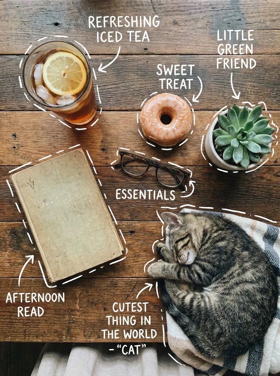 Food & Drink: Top-down flat lay on a rustic wooden table, cozy aesthetic, soft natural light...
