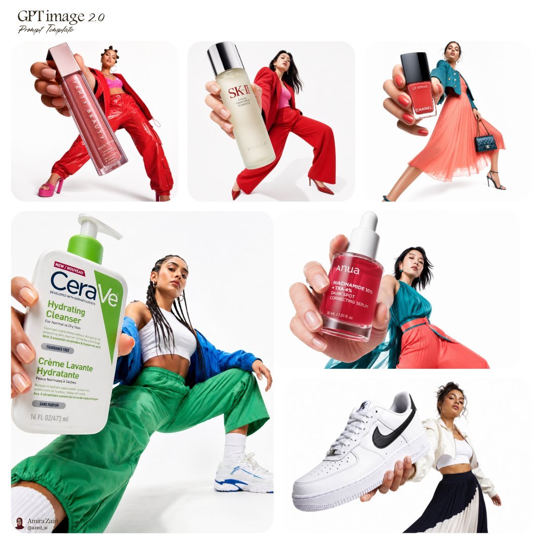 Product & Brand: Low-angle fashion campaign photograph of a confident model holding a large [pr...