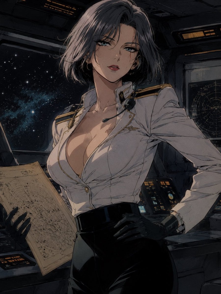 Other: A beautiful adult woman, age 30, with retro space captain energy, short silver...