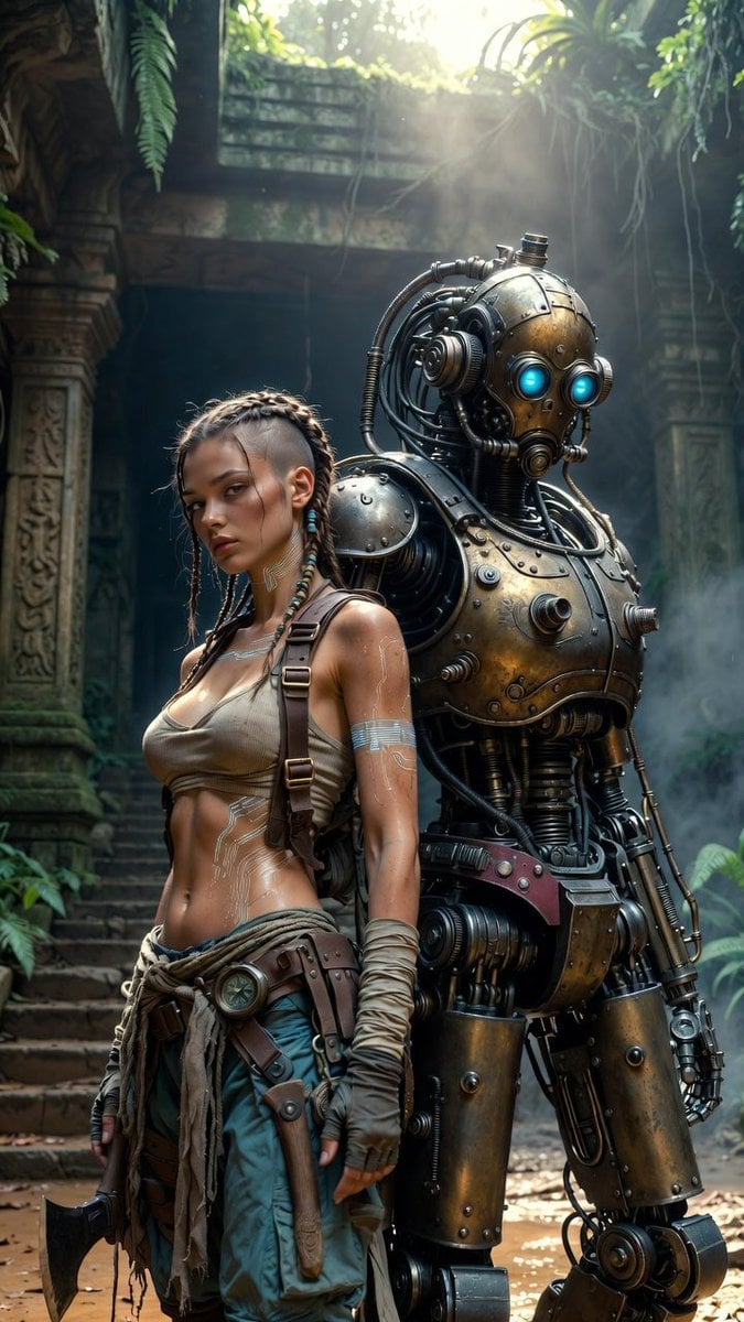 Other: Ultra-photorealistic cinematic sci-fi still. A female adventurer with subtle c...