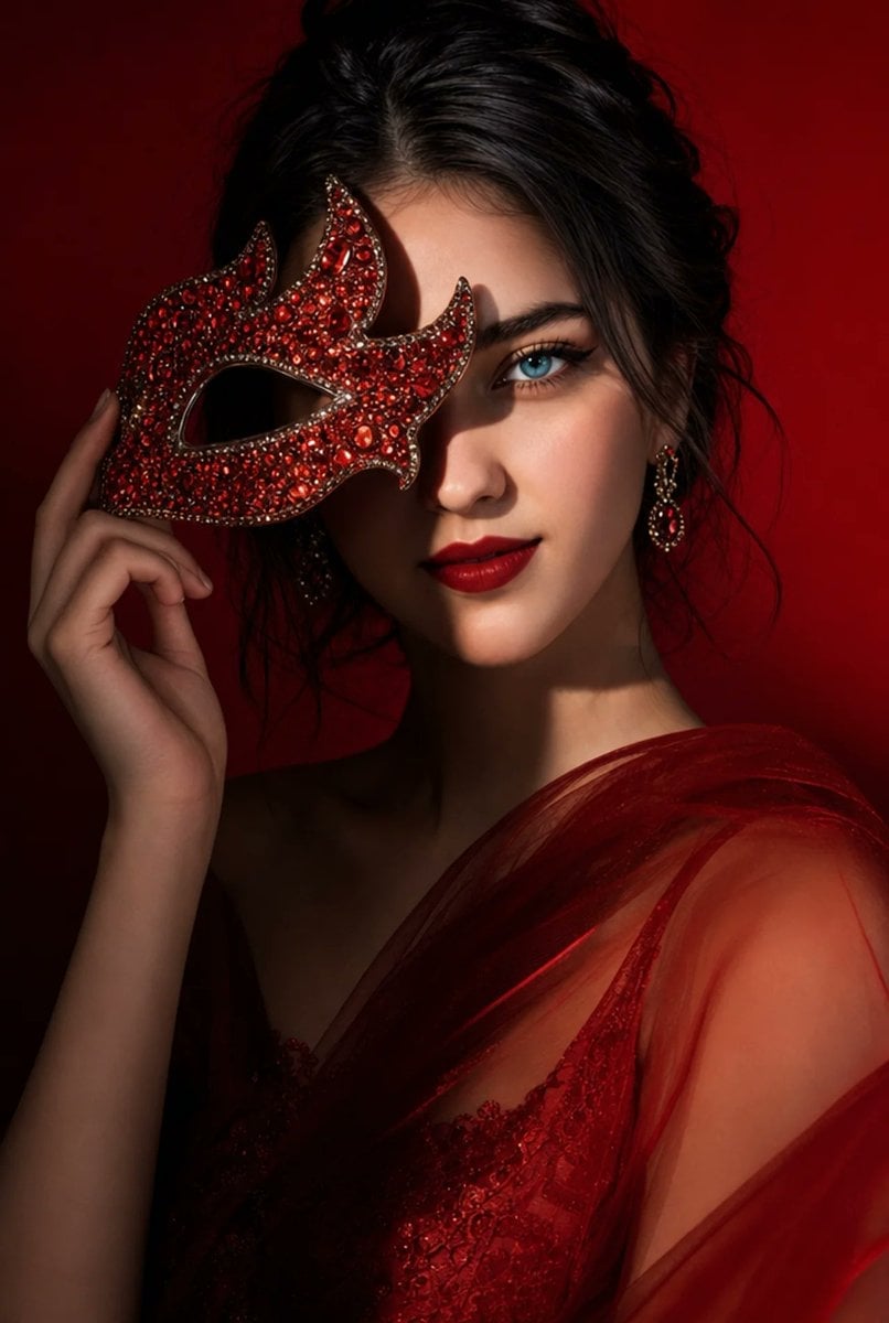 Photograph: Editorial beauty portrait of a young woman holding a crystal-encrusted red rhi...