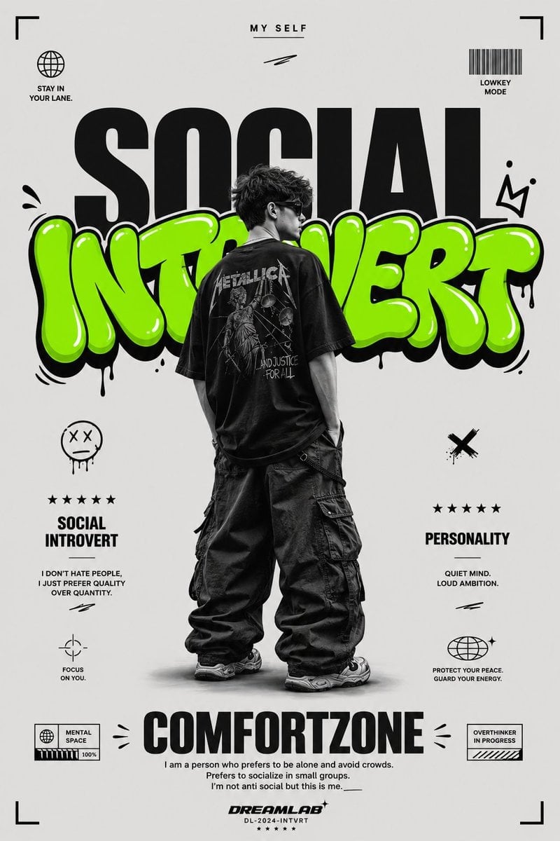 Design: Ultra clean streetwear graphic poster on a minimalist light gray background. M...