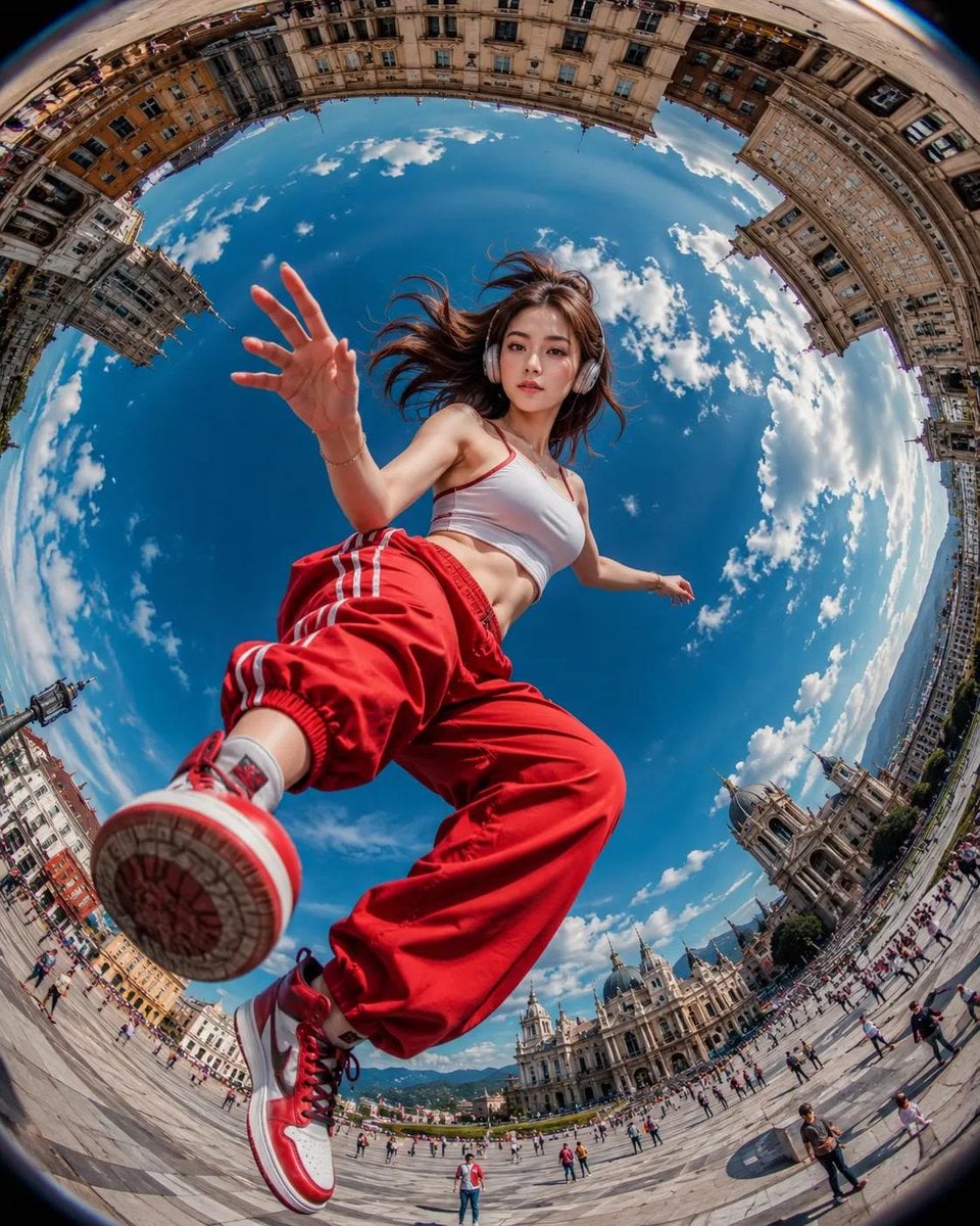 Photograph: Ultra-realistic action photography, extreme fisheye lens (8mm), worm’s-eye vie...