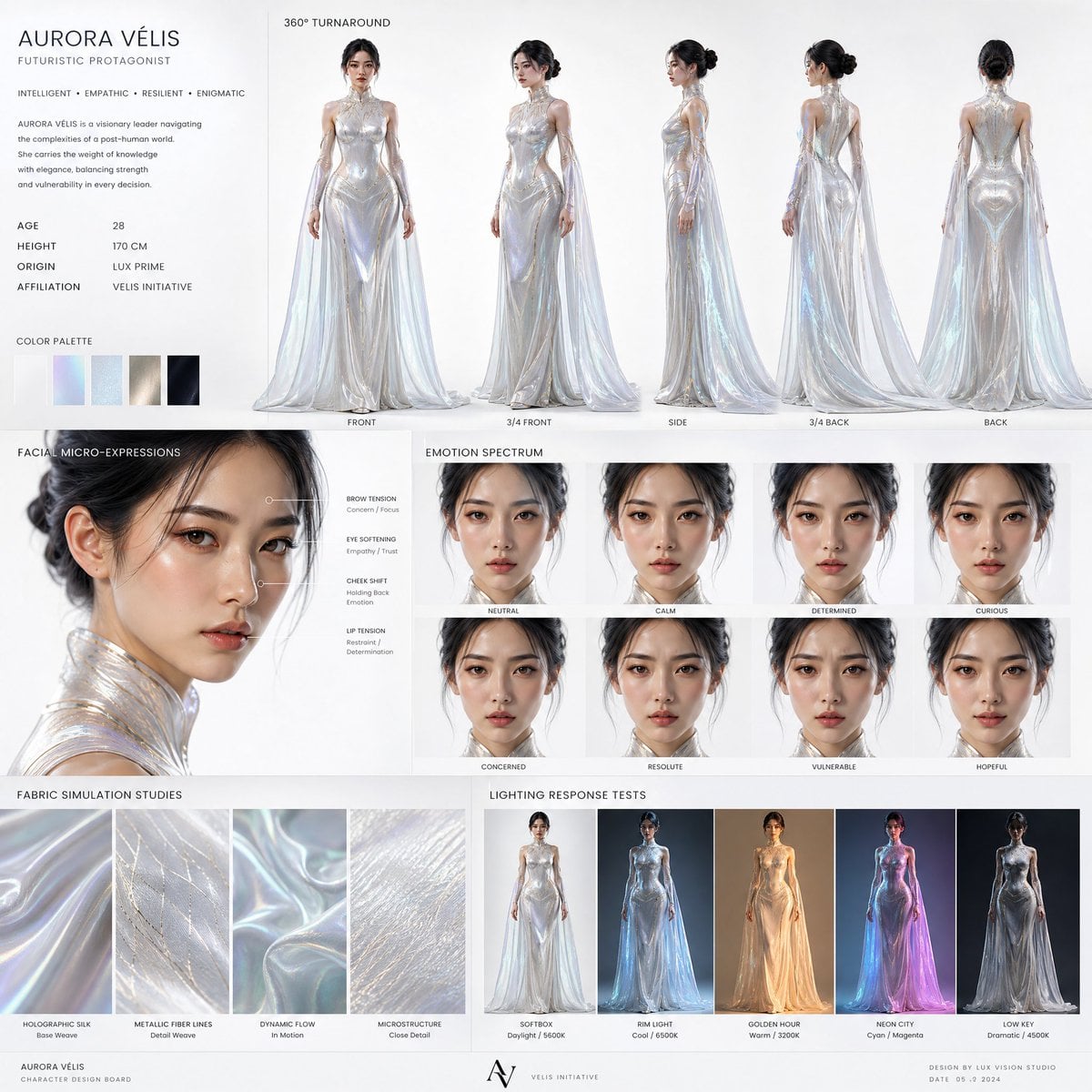 Other: Create a high-end cinematic character design board of a futuristic female prot...